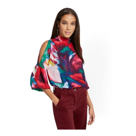 New York & Company Women's Printed Cold-Shoulder Balloon-Sleeve Blouse Size M - Picture 1 of 11